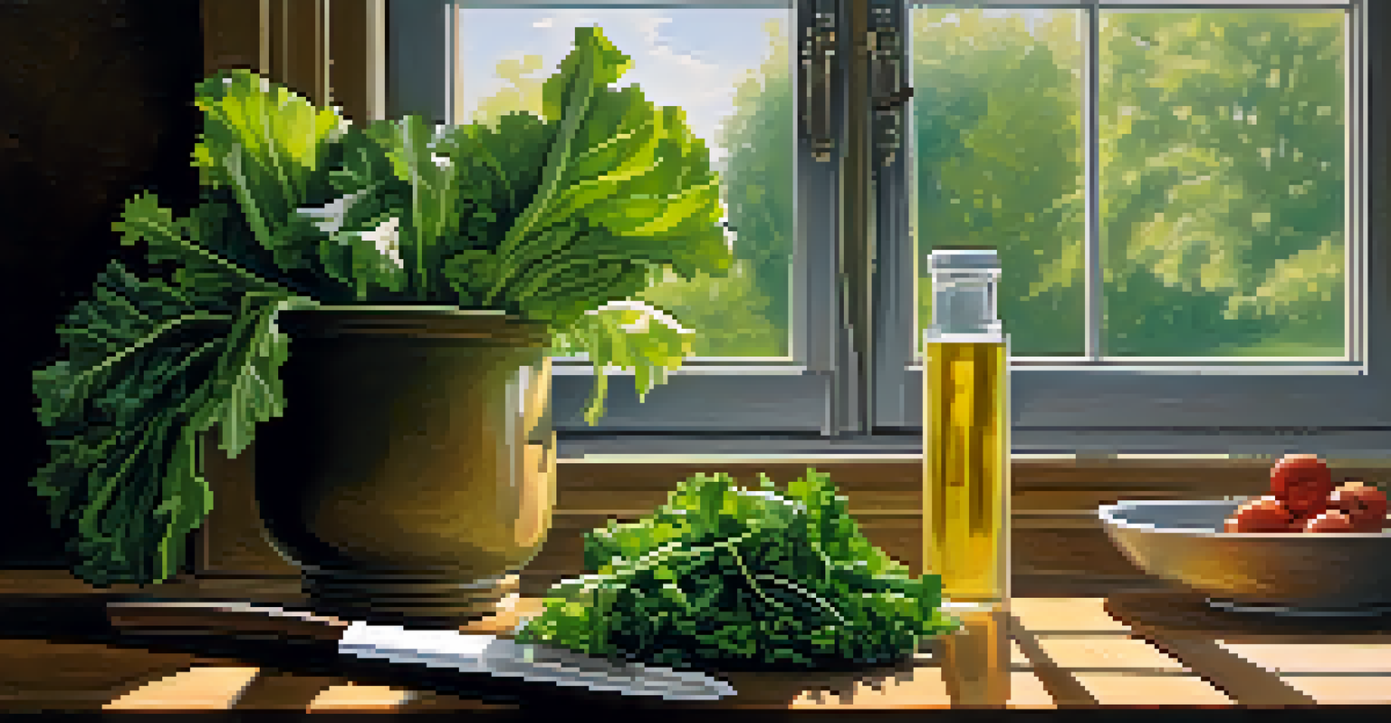 A rustic kitchen table with leafy greens and a bowl of olive oil, illuminated by natural sunlight.