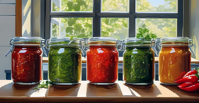 A bright kitchen scene with various colorful vegan sauces in glass jars on a wooden countertop, surrounded by fresh herbs.