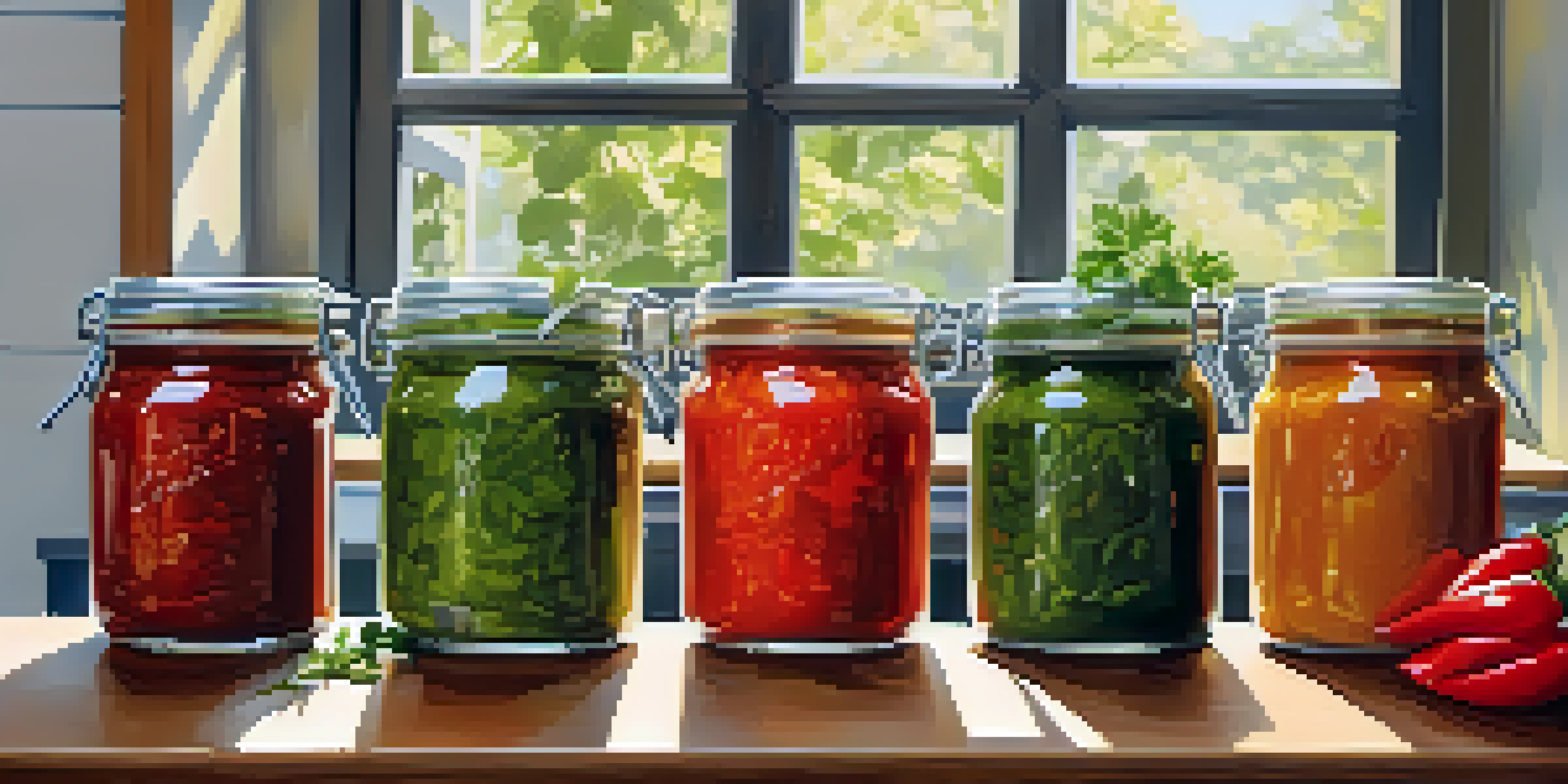 A bright kitchen scene with various colorful vegan sauces in glass jars on a wooden countertop, surrounded by fresh herbs.