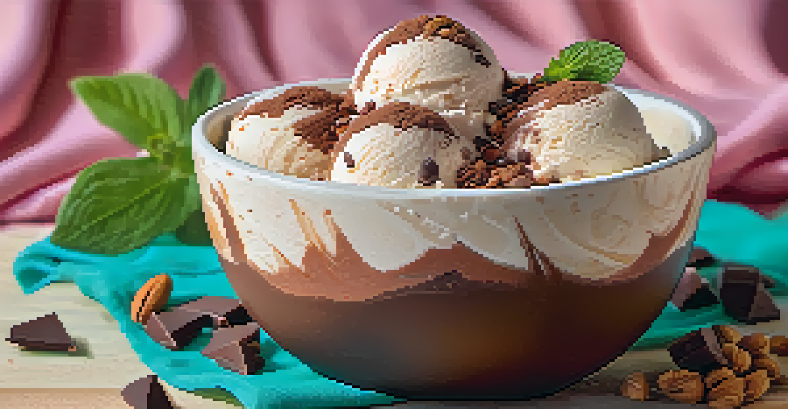 A bowl of vegan ice cream made from bananas, decorated with chocolate chunks and nuts, on a vibrant cloth.