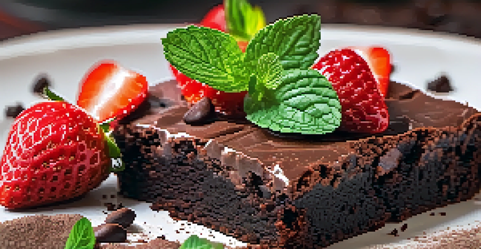 A plate of vegan brownies topped with cocoa powder, surrounded by fresh strawberries and mint leaves.