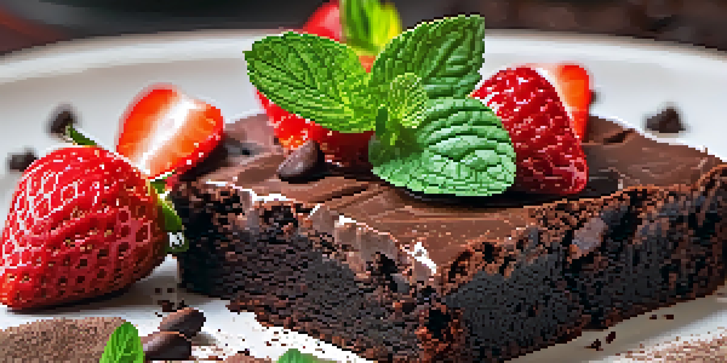 A plate of vegan brownies topped with cocoa powder, surrounded by fresh strawberries and mint leaves.
