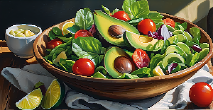 A close-up view of a colorful vegan salad with fresh fruits and vegetables in a wooden bowl, illuminated by sunlight.