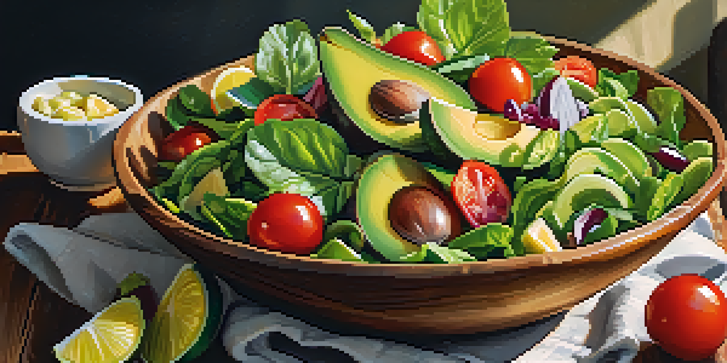 A close-up view of a colorful vegan salad with fresh fruits and vegetables in a wooden bowl, illuminated by sunlight.
