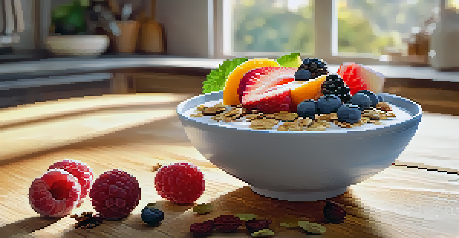 A colorful smoothie bowl topped with fresh fruit and granola, set on a wooden table in a bright small kitchen.