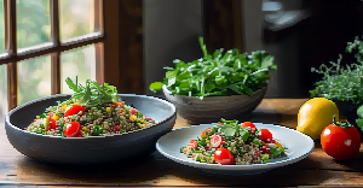 A colorful vegan meal displayed on a wooden table, with a quinoa salad and fresh vegetables, illuminated by natural light.