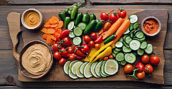 A colorful veggie platter with sliced bell peppers, cucumbers, carrots, cherry tomatoes, and bowls of hummus, arranged on a wooden board.