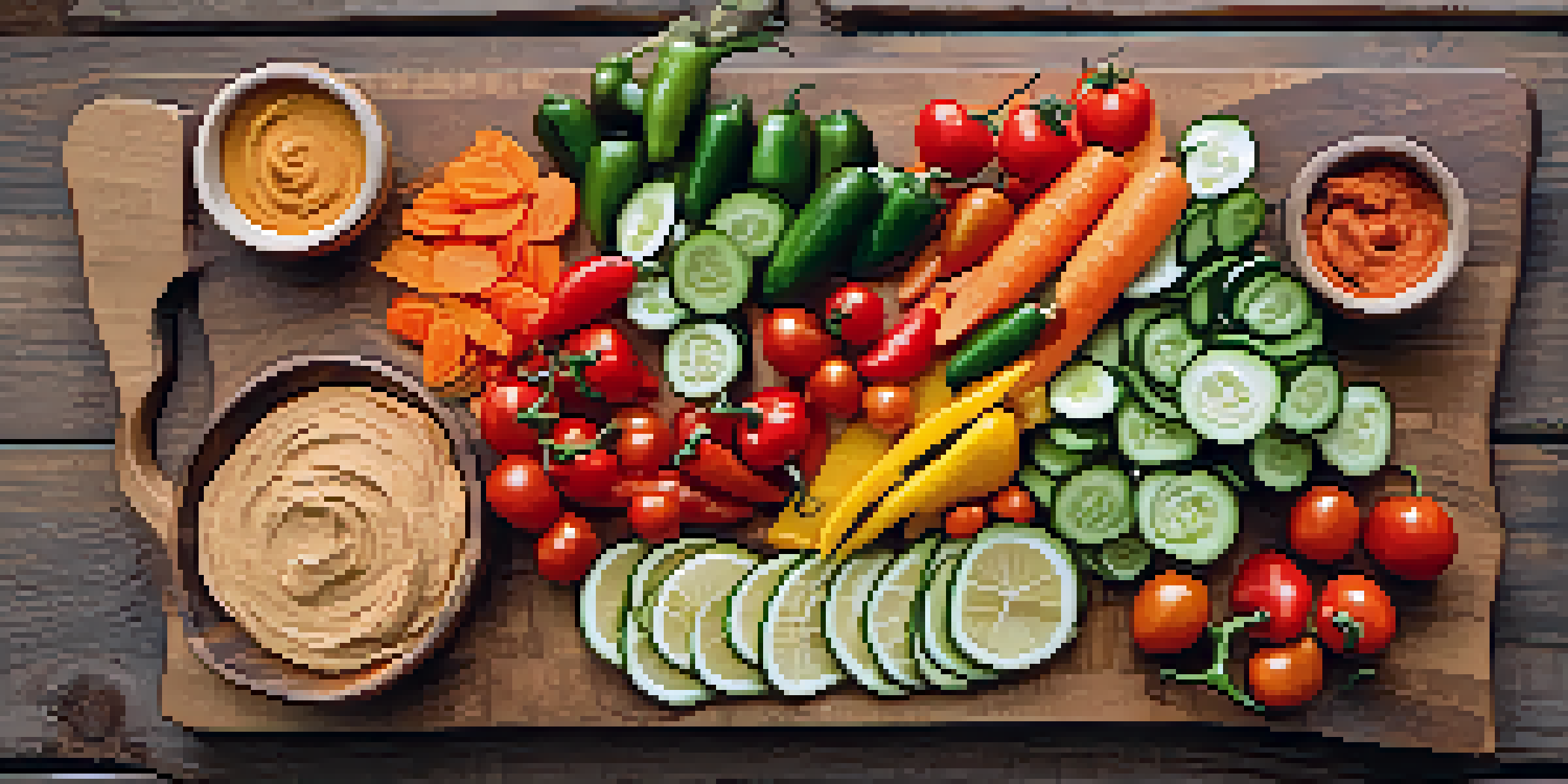 A colorful veggie platter with sliced bell peppers, cucumbers, carrots, cherry tomatoes, and bowls of hummus, arranged on a wooden board.