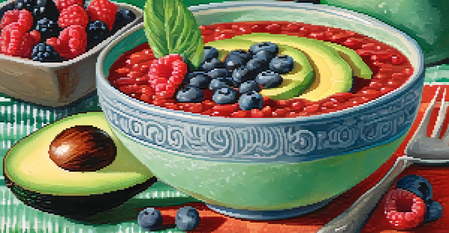 A colorful smoothie bowl topped with avocado slices, berries, and seeds on a textured tablecloth.