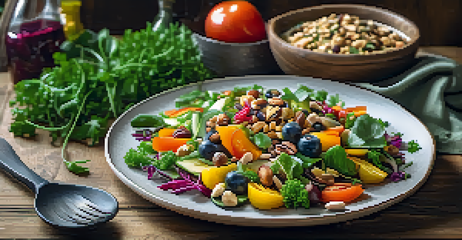 A close-up view of a colorful vegan salad with fresh vegetables, nuts, and herbs on a rustic wooden table, illuminated by natural light.