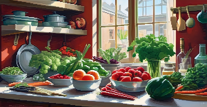A bright and organized vegan kitchen filled with fresh vegetables, grains, and labeled utensils, illuminated by sunlight.