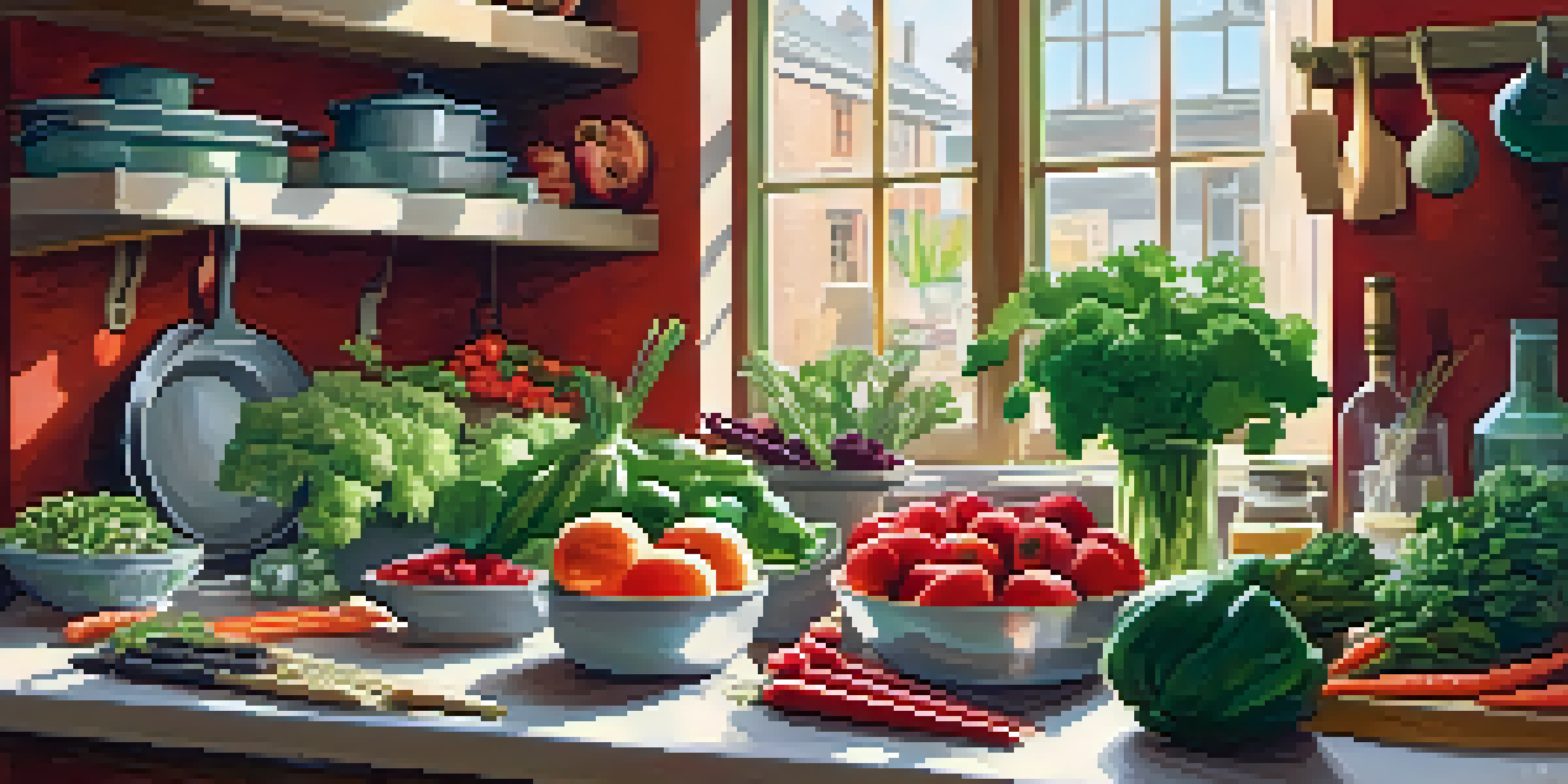 A bright and organized vegan kitchen filled with fresh vegetables, grains, and labeled utensils, illuminated by sunlight.