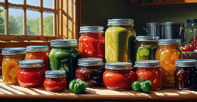 A kitchen countertop filled with colorful canned vegan foods in labeled jars, surrounded by fresh vegetables and herbs, with natural light illuminating the scene.