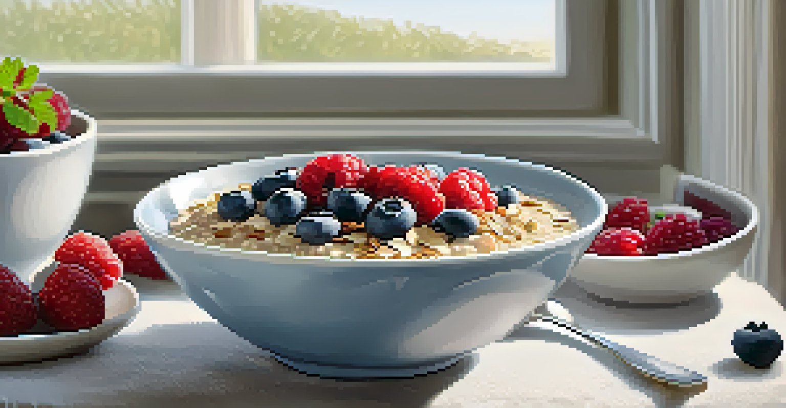 A close-up of a breakfast bowl of oatmeal topped with almonds, chia seeds, and berries, with a spoon beside it on a linen tablecloth, illuminated by soft morning light.