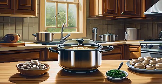 A kitchen with a pot of creamy vegan mushroom stroganoff simmering on the stove, surrounded by wooden cabinets and fresh herbs.