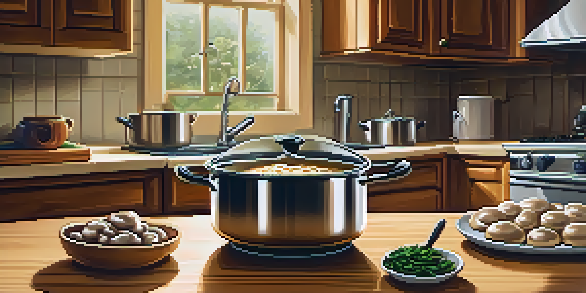 A kitchen with a pot of creamy vegan mushroom stroganoff simmering on the stove, surrounded by wooden cabinets and fresh herbs.