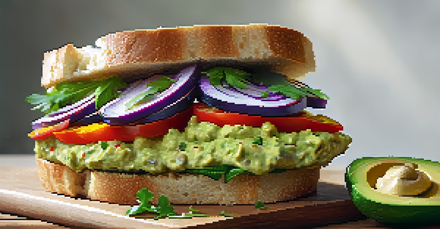 A close-up of a roasted vegetable sandwich with avocado spread on a wooden table.