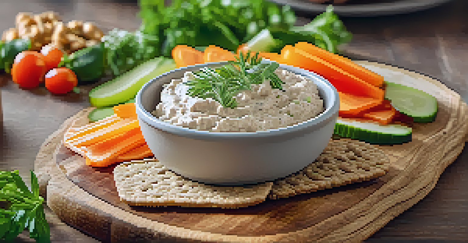 Cashew cheese on whole grain crackers with fresh herbs and vegetables on a cutting board.