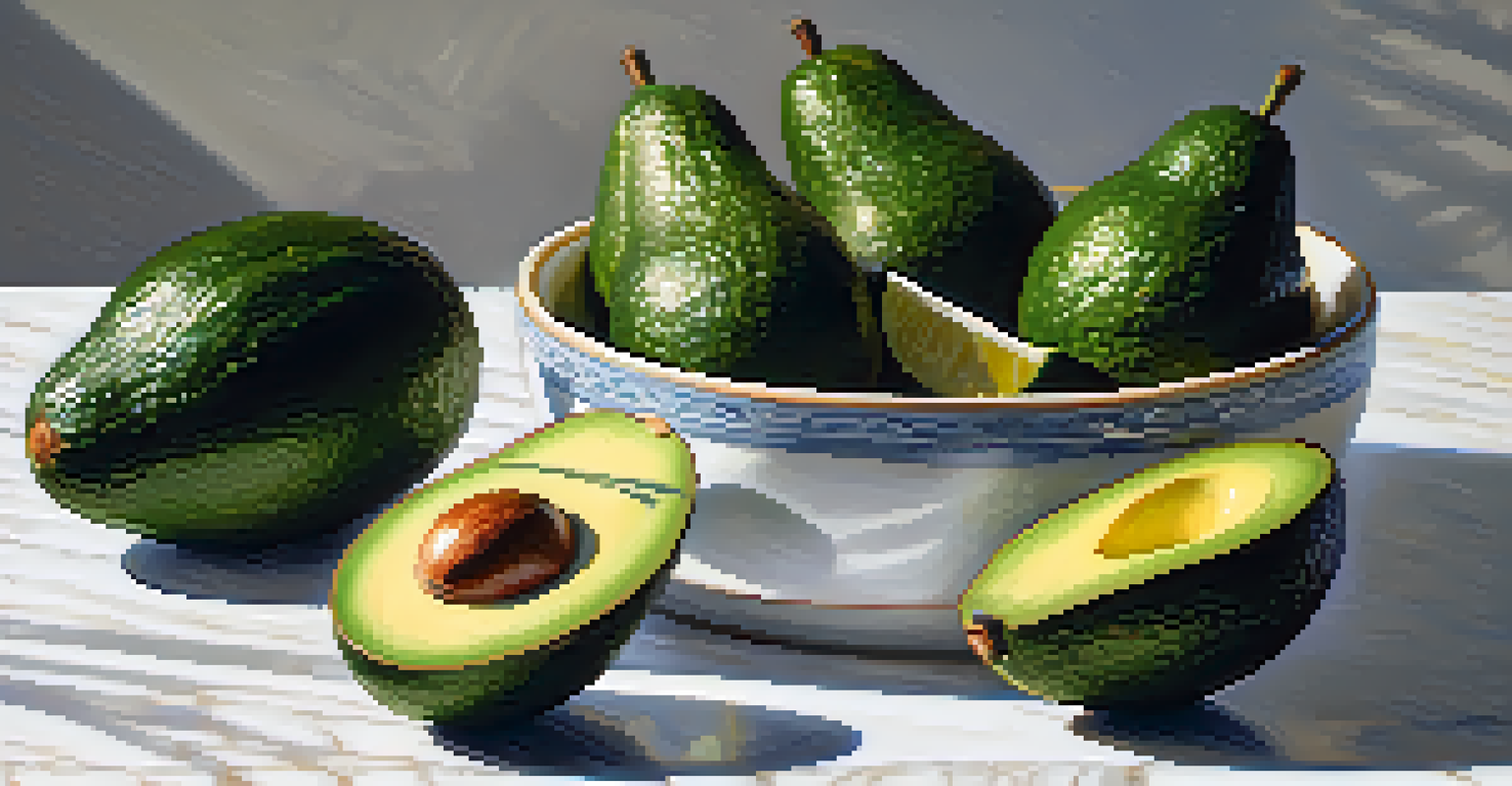 Fresh avocados and a bowl of avocado oil on a marble countertop with soft sunlight.