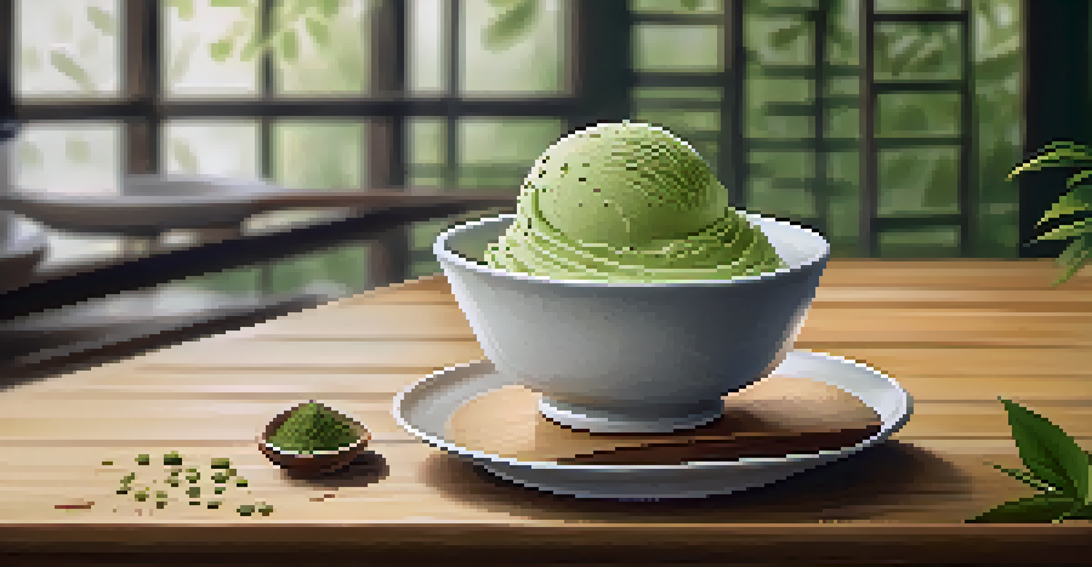A bowl of matcha green tea ice cream sprinkled with matcha powder, set on a rustic wooden table with bamboo leaves in the background.