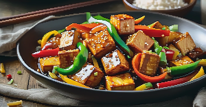 A colorful stir-fry with golden tofu cubes, bell peppers, and green onions in a soy sauce glaze on a white plate.