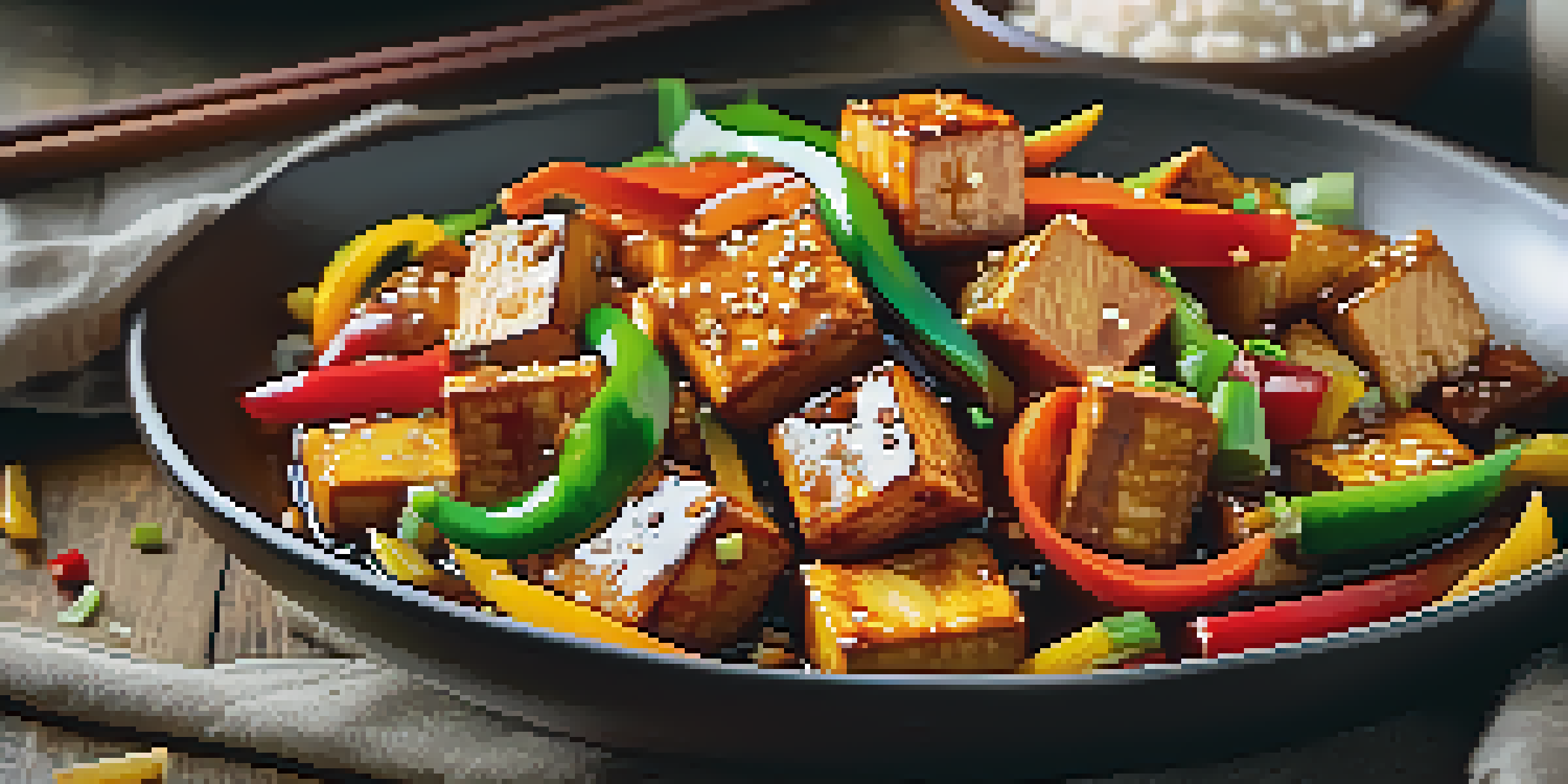 A colorful stir-fry with golden tofu cubes, bell peppers, and green onions in a soy sauce glaze on a white plate.