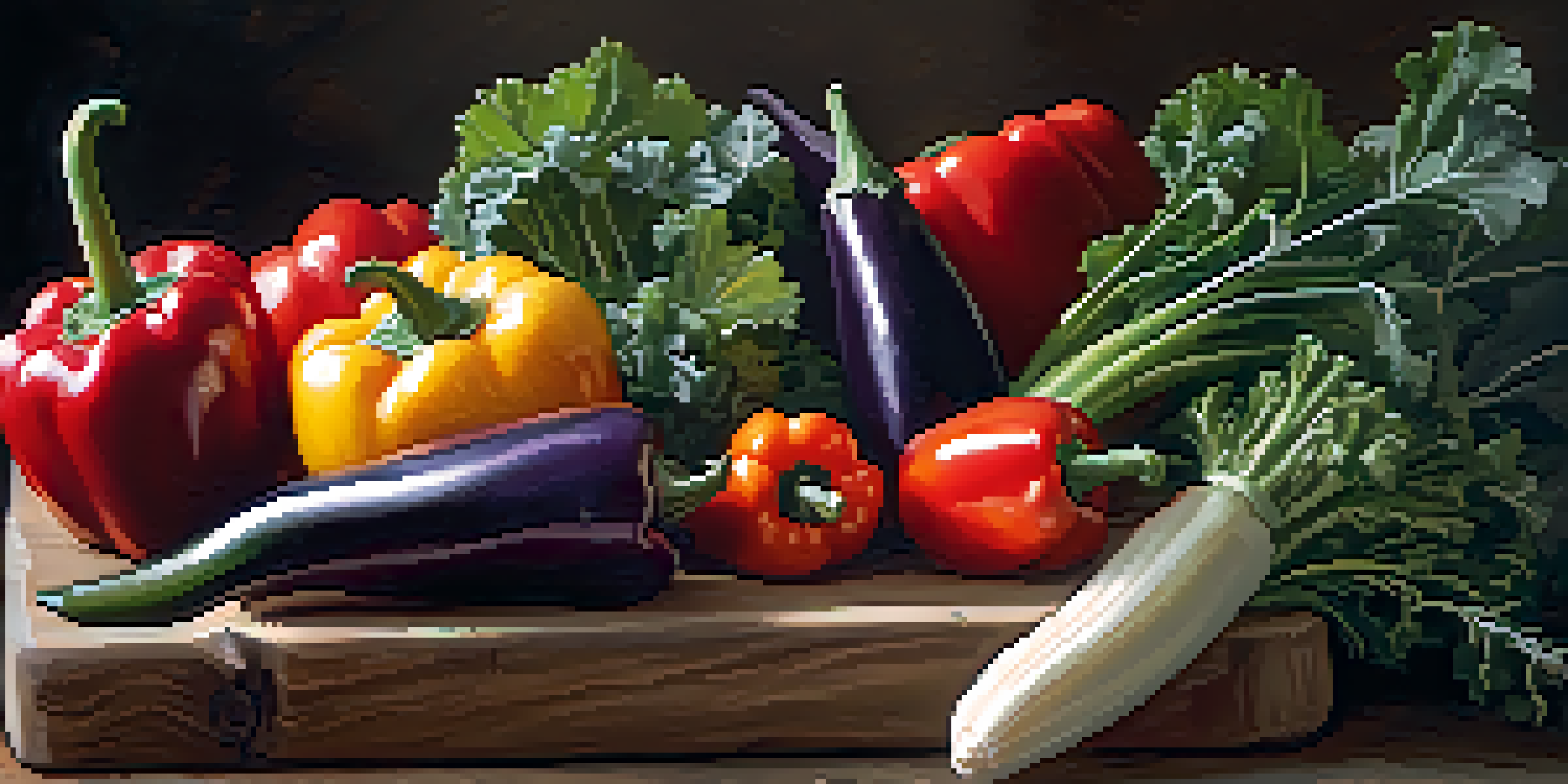 A variety of colorful vegetables including roasted red peppers, kale, and purple eggplant arranged on a wooden board, illuminated by natural light.