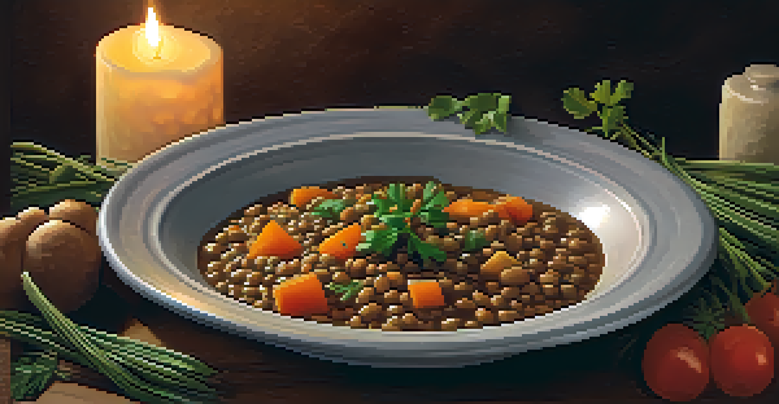 A warm bowl of lentil stew with vegetables and a slice of bread on a dinner table, illuminated by candlelight, creating a comforting atmosphere.