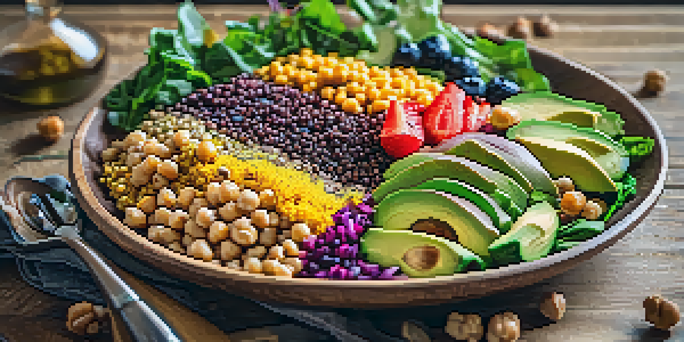 A colorful quinoa salad with avocado, chickpeas, and turmeric, surrounded by fresh berries and leafy greens on a wooden table.