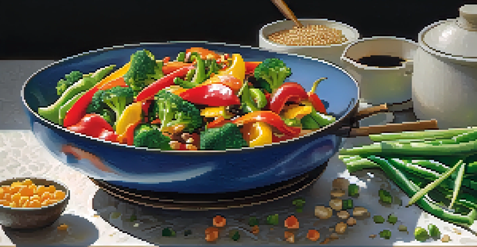 A large wok filled with a colorful vegan stir-fry, showcasing fresh vegetables and garnished with sesame seeds.