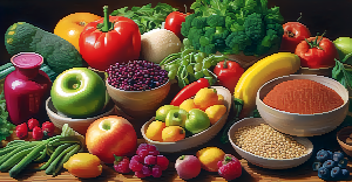 A colorful plate filled with a variety of plant-based foods including fruits, vegetables, legumes, and whole grains, displayed on a natural wood table with warm sunlight.
