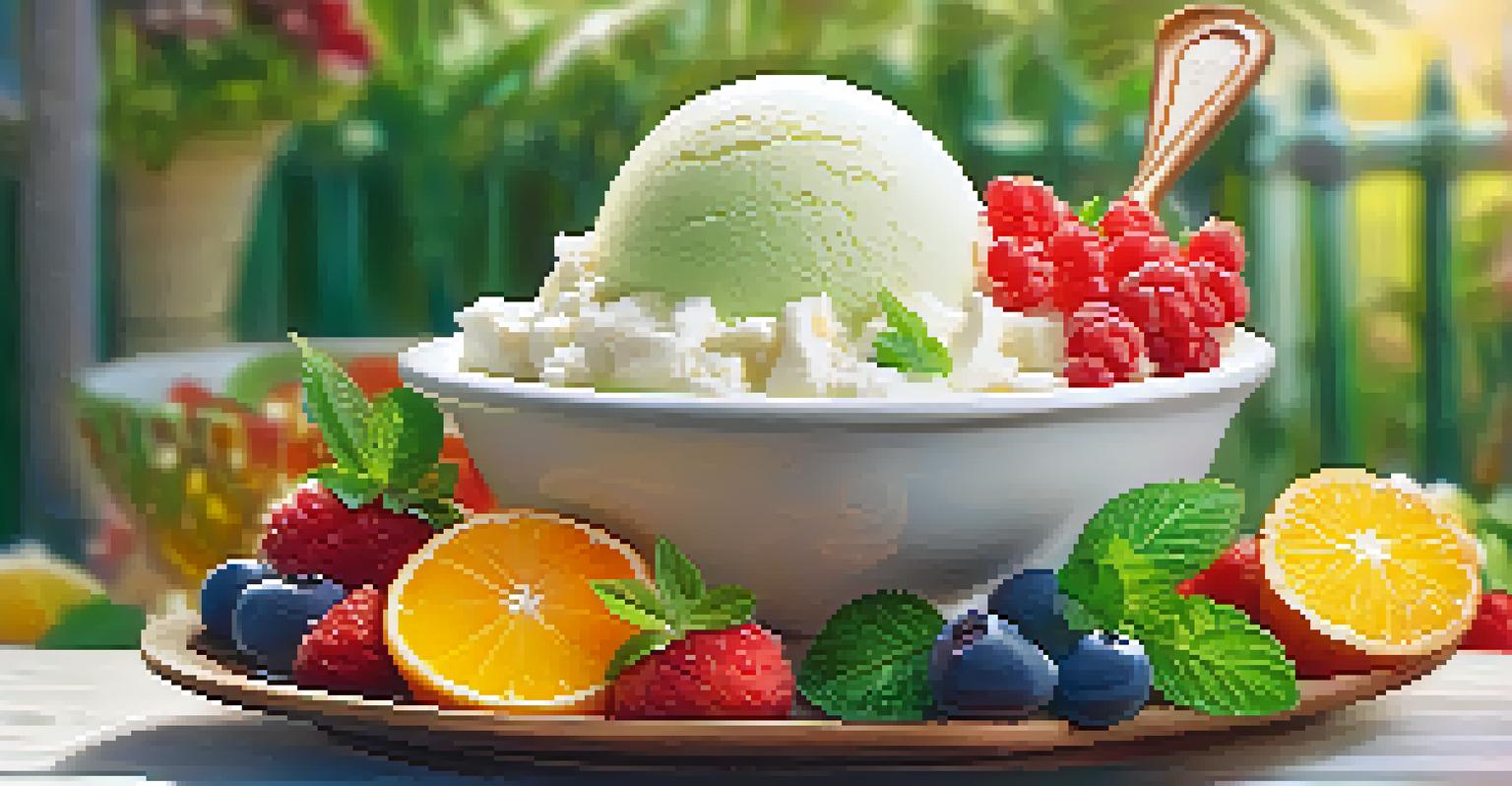 A bowl of coconut milk ice cream with mint and fruit slices on a decorative plate in a sunlit garden.