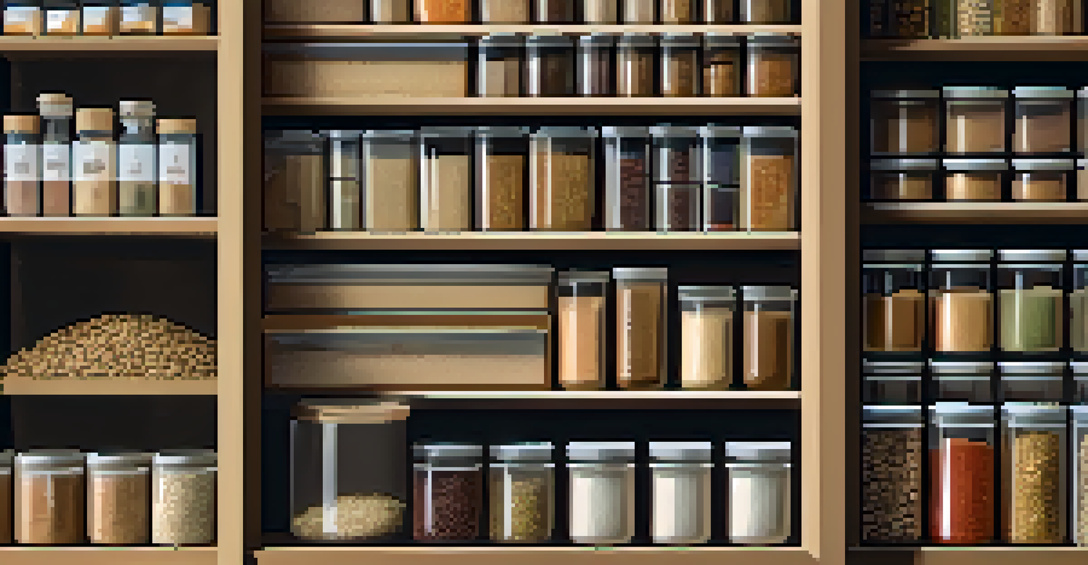 A well-organized pantry showcasing airtight containers of grains and legumes on wooden shelves.