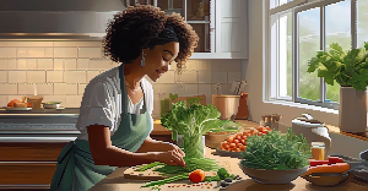 A chef in a cozy kitchen preparing a plant-based meal with fresh ingredients on the countertop and a cookbook open beside her.