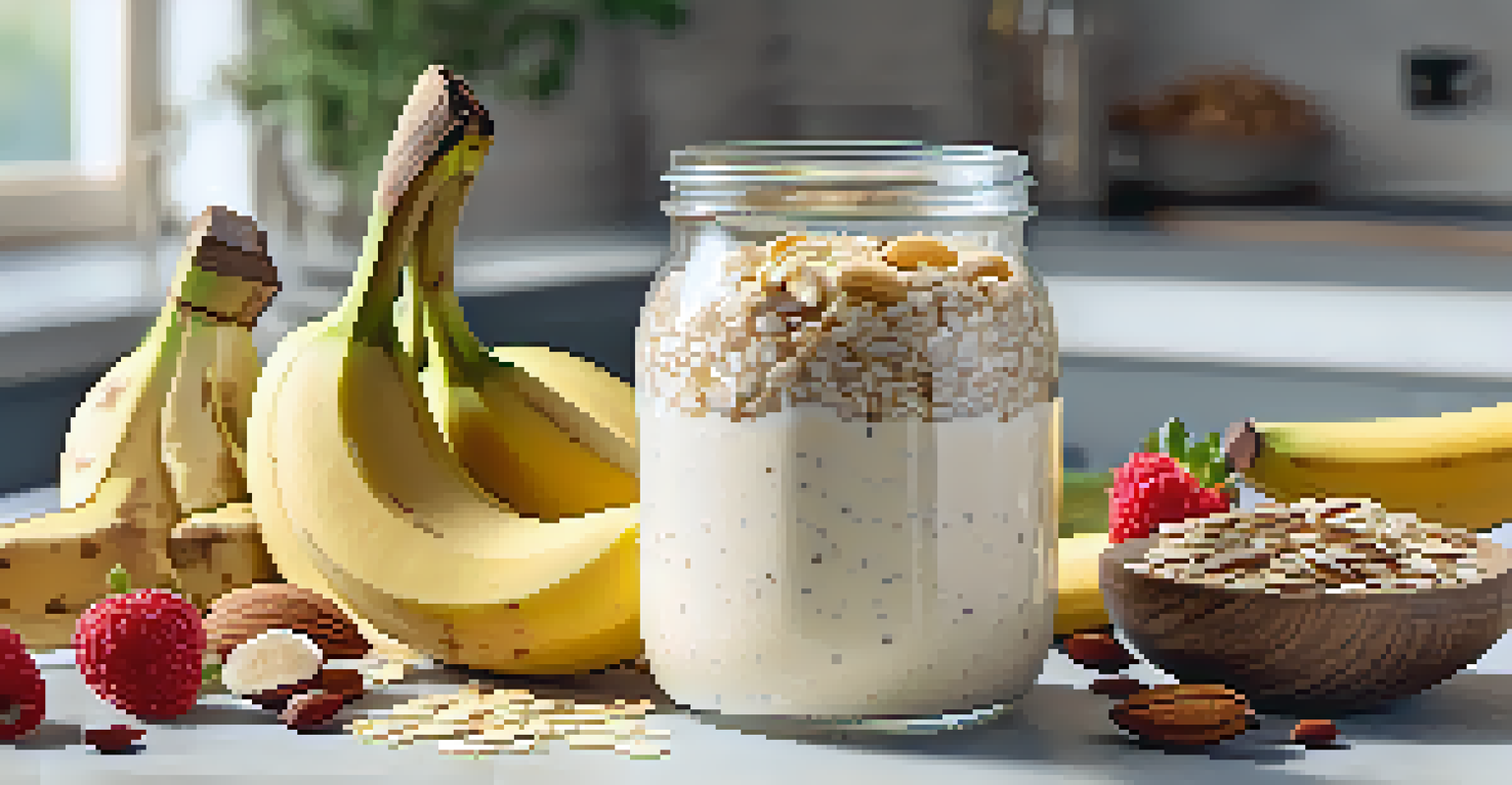 A jar of overnight oats topped with bananas and honey, surrounded by fresh fruits and nuts.