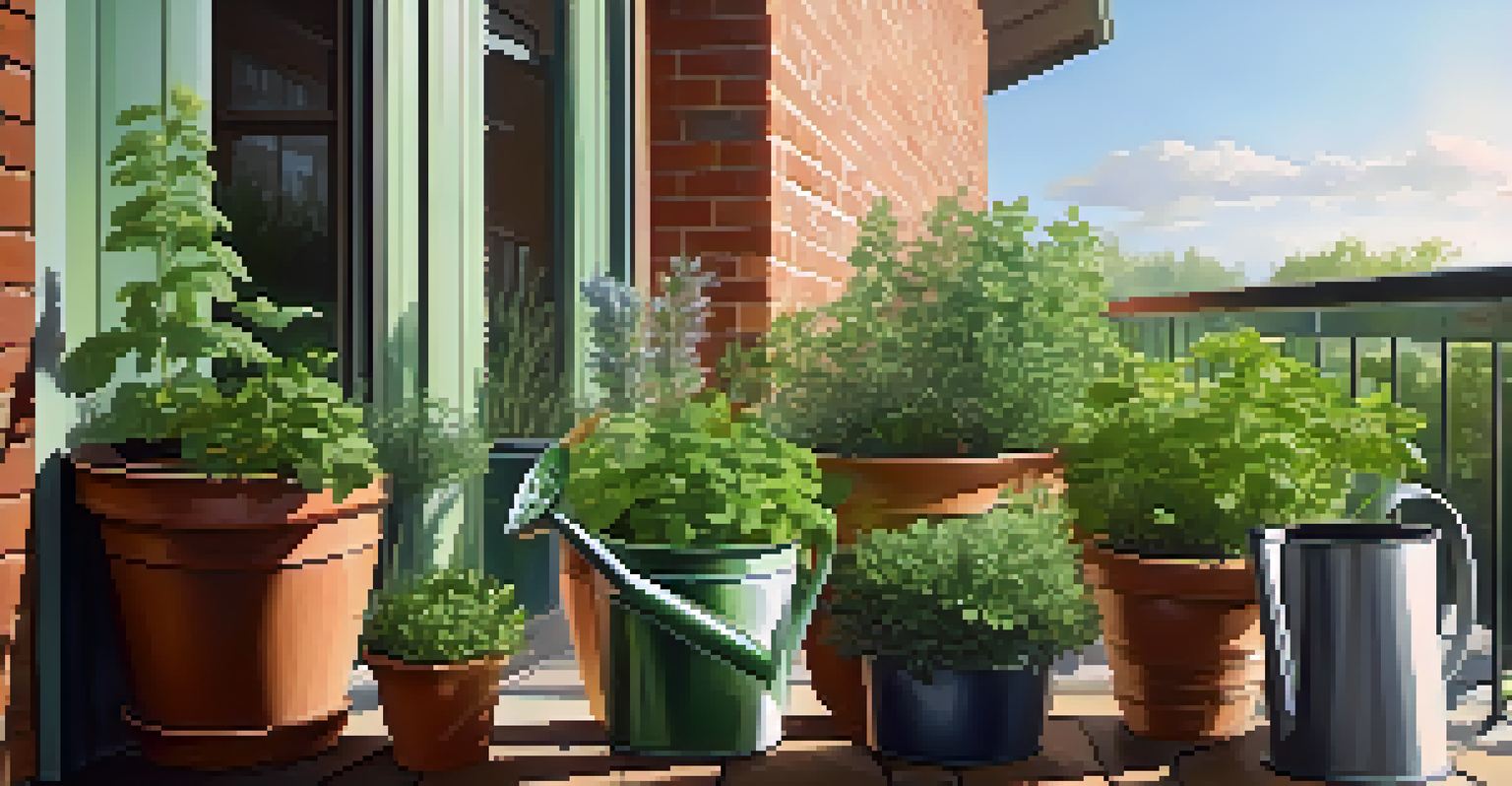 An outdoor herb garden on a balcony with pots of mint, parsley, and thyme under bright sunlight.