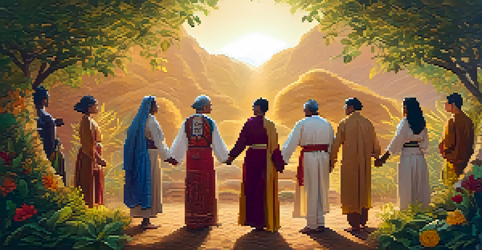 A diverse group of people in traditional clothing holding hands in a circle around a heart made of plants, symbolizing unity and compassion.