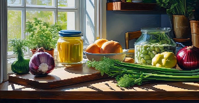 A kitchen countertop filled with colorful vegan foods rich in prebiotics including garlic, onions, leeks, bananas, and oats, with natural light coming in through a window.