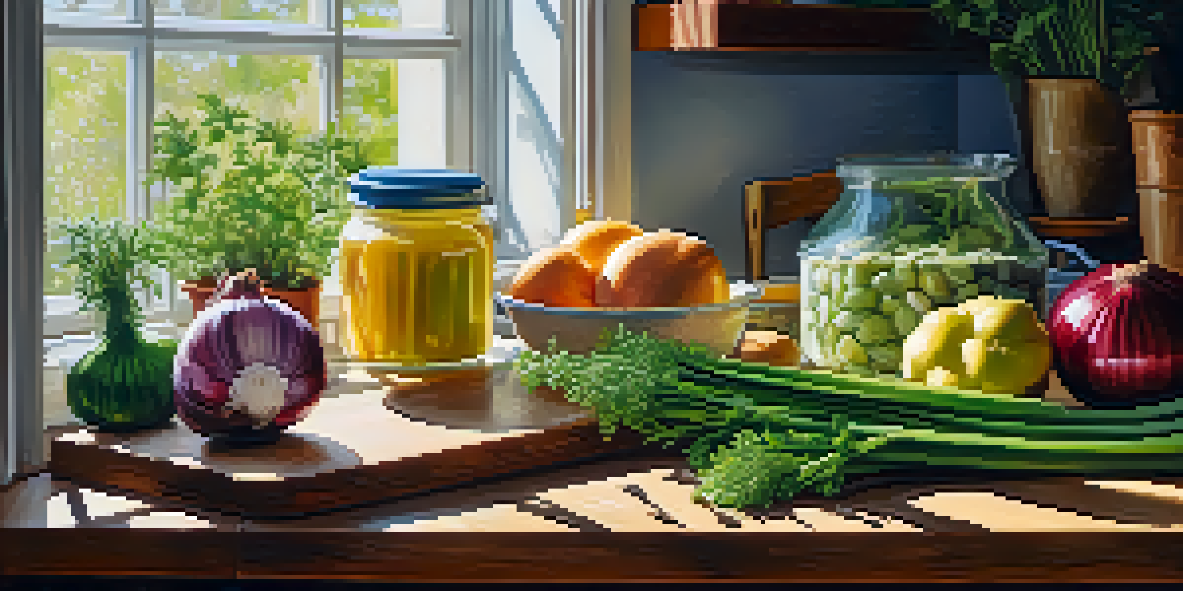 A kitchen countertop filled with colorful vegan foods rich in prebiotics including garlic, onions, leeks, bananas, and oats, with natural light coming in through a window.