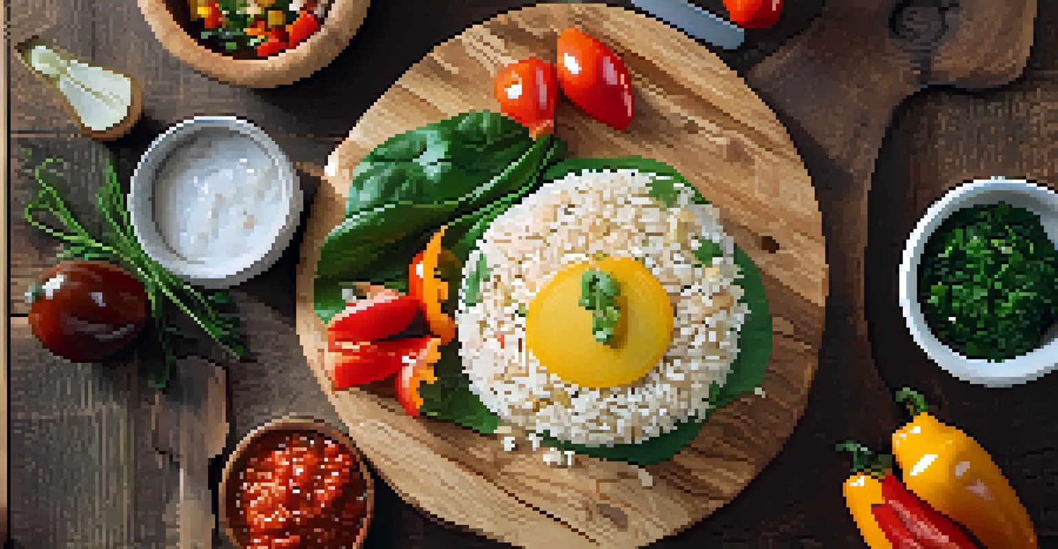 An overhead view of a platter filled with vegan rice cakes topped with sautéed vegetables and salsa, surrounded by fresh herbs and avocado slices.