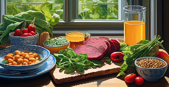 A colorful vegan meal with legumes, leafy greens, nuts, and fruits arranged on a wooden table, illuminated by sunlight.