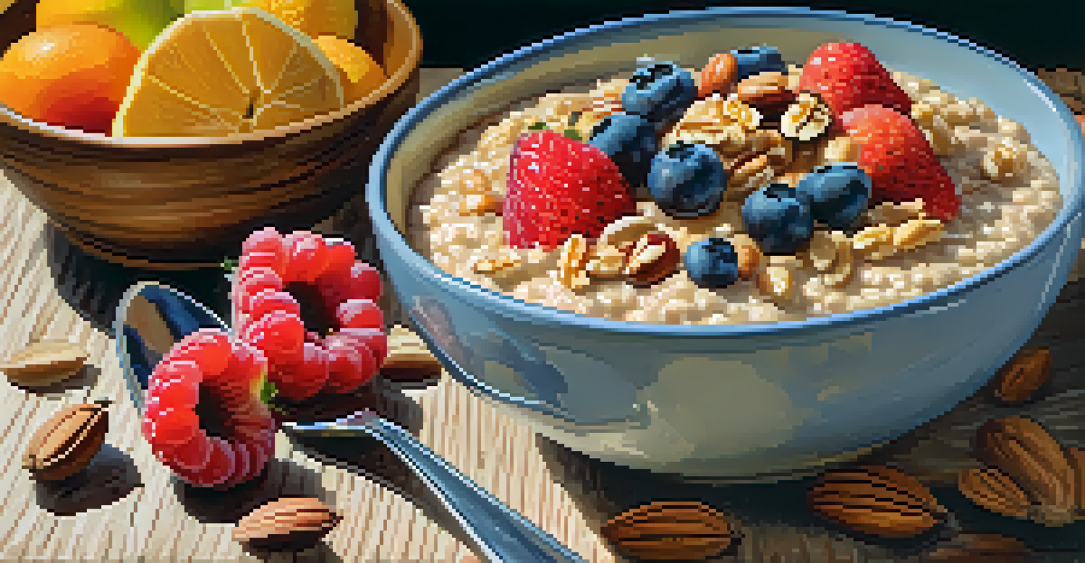 A bowl of oatmeal topped with fruits and nuts, sitting on a wooden table, with soft natural light illuminating the scene.