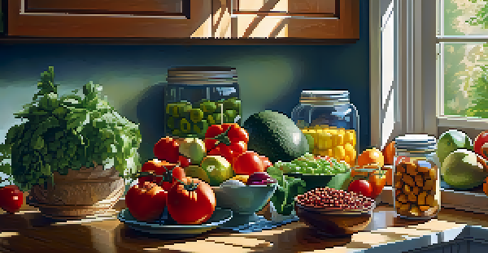 A kitchen with an assortment of fresh fruits and vegetables on a countertop, illuminated by sunlight.