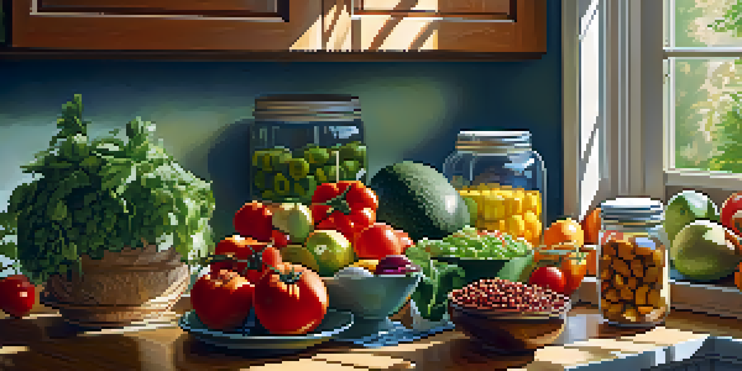 A kitchen with an assortment of fresh fruits and vegetables on a countertop, illuminated by sunlight.