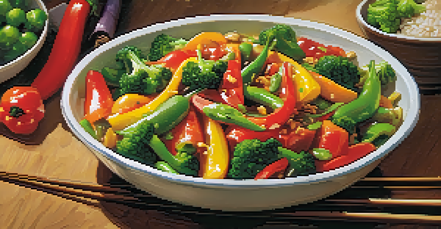 A colorful vegetable stir-fry in a skillet with bell peppers and broccoli, alongside a bowl of rice and chopsticks on a wooden table.