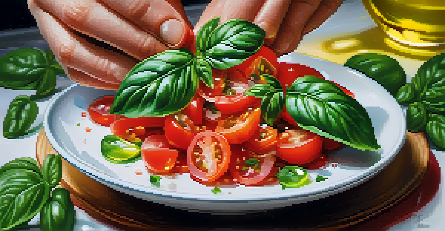 Close-up of a hand tearing basil leaves over a colorful tomato salad, with olive oil glistening on the ingredients.