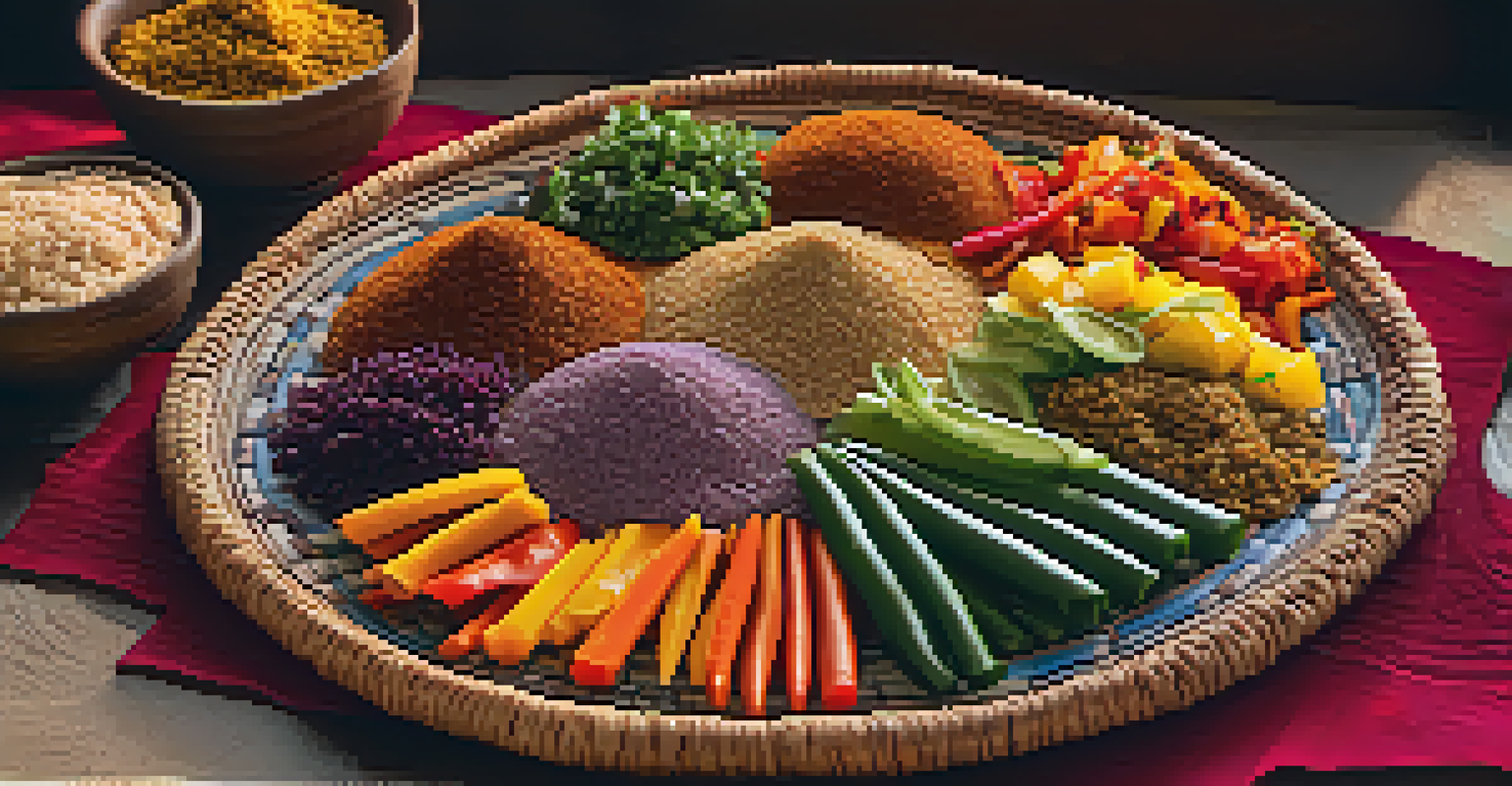A plate of Ethiopian injera with various colorful vegetable stews, presented on a traditional woven basket.