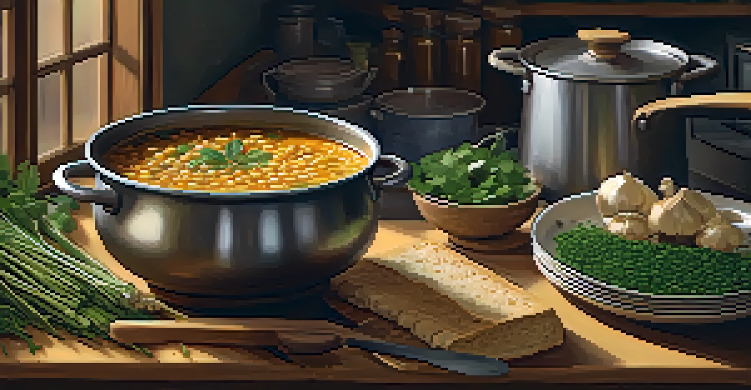 A pot of lentil soup on a stove, with vegetables and spices, set in a cozy kitchen.