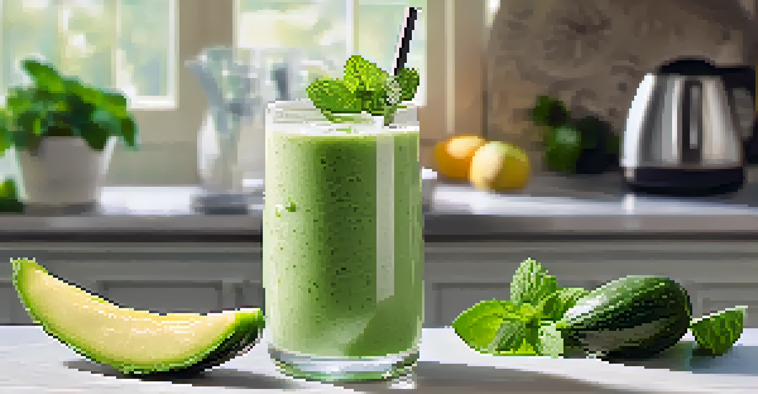 A cucumber mint smoothie in a clear glass, garnished with mint and cucumber, set in a bright kitchen.