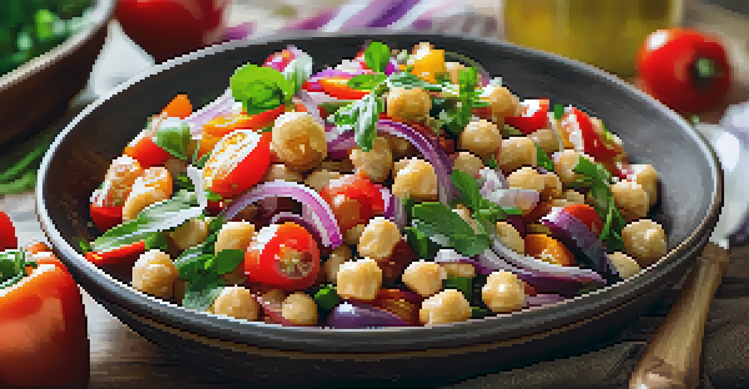 A close-up image of a colorful chickpea salad in a rustic bowl, garnished with fresh vegetables and herbs, with a wooden fork next to it.